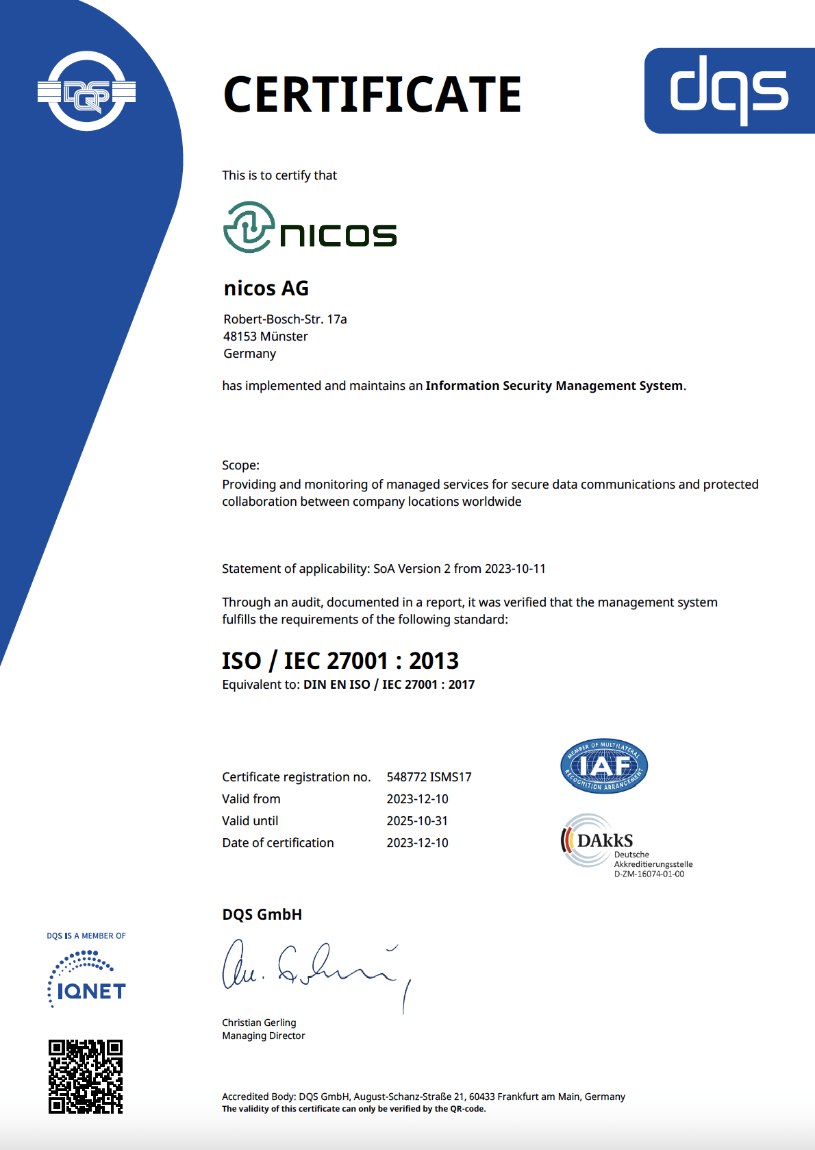 ISO 27001 Certification for nicos AG – nicos AG