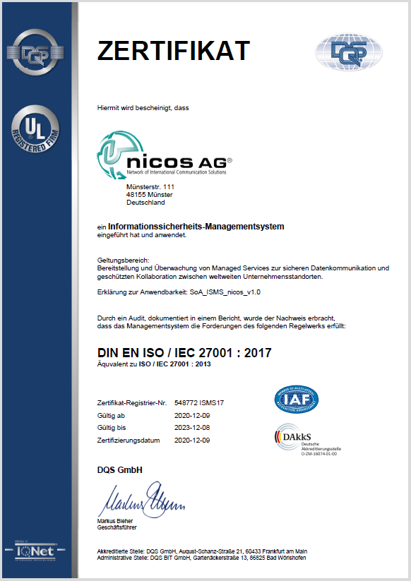 ISO 27001 Zertifizierung für nicos AG – nicos AG