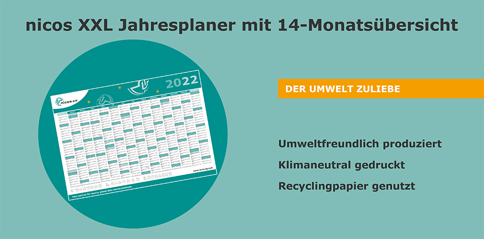 nicos Jahresplaner: umweltfreundlich produziert, klimaneutral gedruckt, Recyclingpapier genutzt